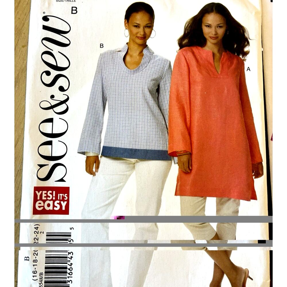 Pullover Tunic Top Shirt Sewing Pattern TALL 16-24 See & Sew 5548 Butterick